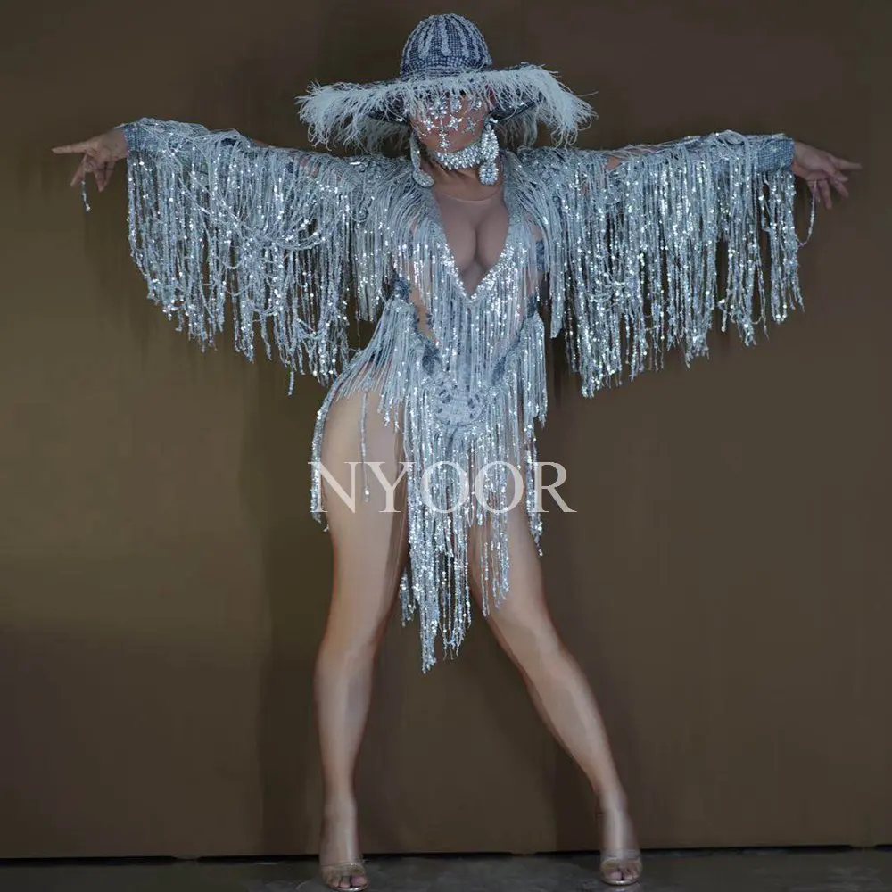 Sparklyเลื่อมเงินFringes Bodysuitหมวกเครื่องแต่งกายOne-Piece Danceสวมนักร้องStage Leotard Raveเทศกาลเสื้อผ้า