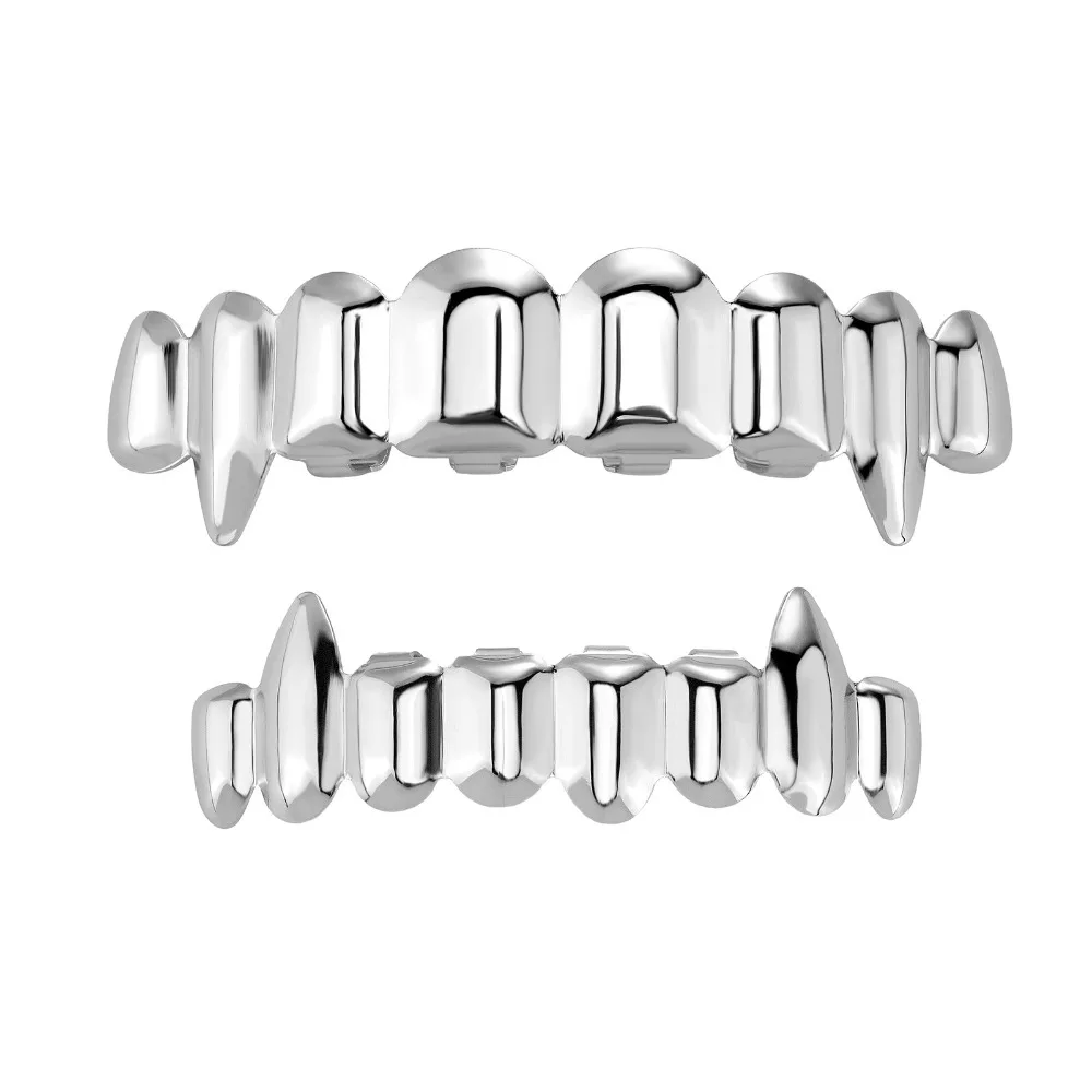 Hip Hop Teeth Grillz Top Bottom Set 18K Gold Anti Slip Fangs Glossy Teeth Eco-friendly Copper Silver Teeth Jewelry Halloween