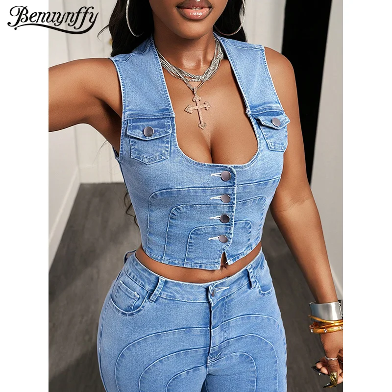 

Benuynffy Summer Sexy Single Breasted Denim Vest Women Streetwear 2026 New 2000s Vintage Sleeveless Casual Female Crop Jean Top