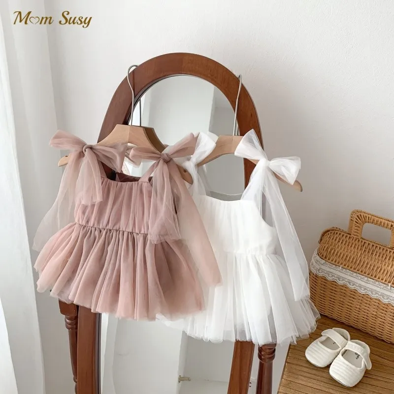 Baby Girl Princess Bow Tutu Romper Dress Infant Toddler Sleevess Tulle Mesh Jumpsuit Party Pageant Baptism Baby Clothes 0-2Y