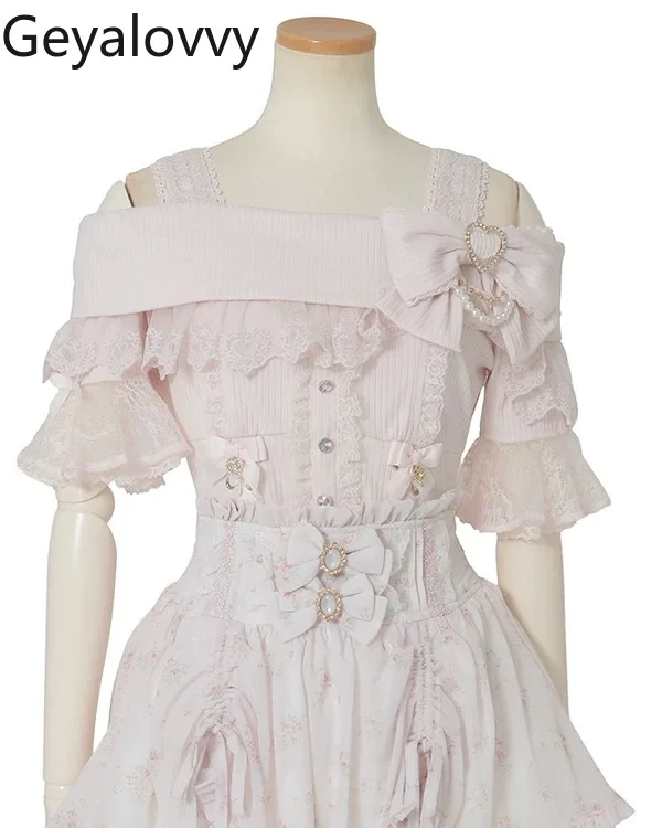 Sweet Cute Girls Versatile Short Sleeve T-Shirt Summer New Japanese Style Big Bow Ribbed Slimming Strap Off-Shoulder Top