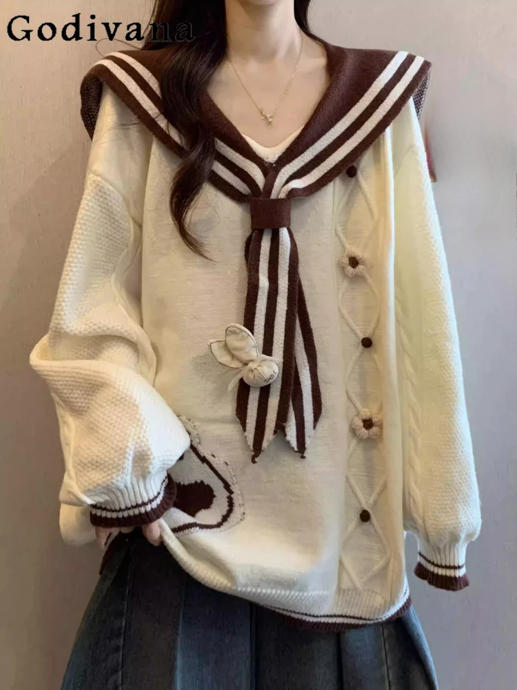 جديد كبير الحجم الخريف الحلو البحرية طوق طويلة الأكمام محبوك أعلى الحد من العمر كلية فضفاضة تنوعا اليابانية سترة المرأة