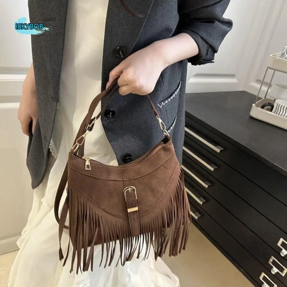 

Cute Korean Style Tassel Shoulder Bag Buckle PU Leather Suede Handbag Zipper Large Capacity Underarm Packs Girls