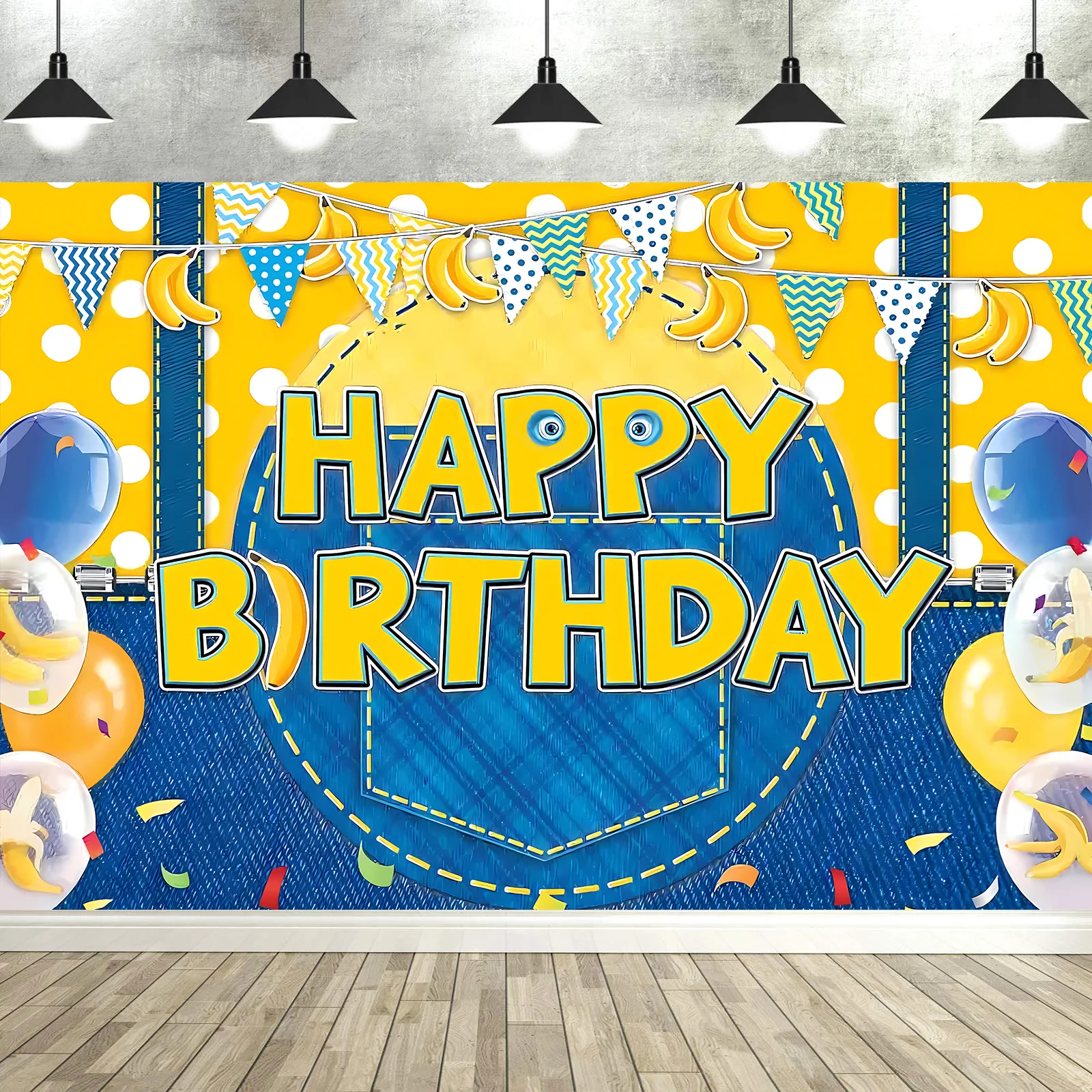 

Cartoon M-Minions Yellow Jeans Happy Birthday Backdrop Banana Balloon Flag Decorations Kids Photo Booth Props Cake Table Banner