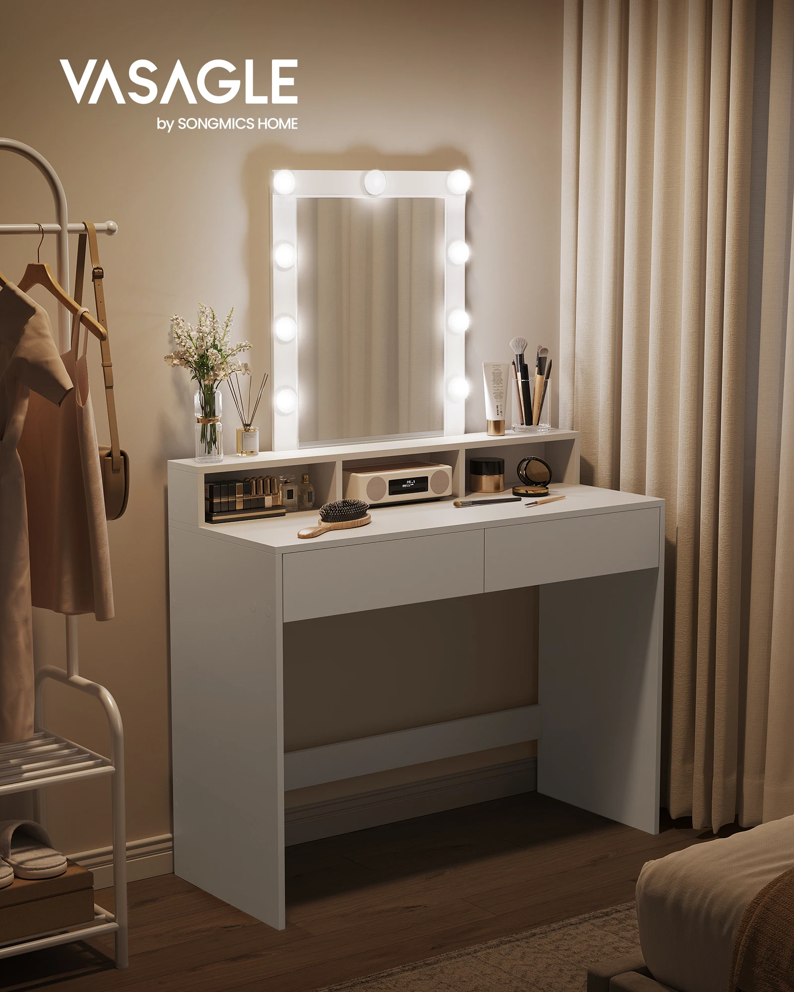 VASAGLE Modern White Vanity Table with Adjustable LED Lights, Mirror, 2 Drawers, 3 Compartments