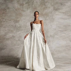 Simple Satin Wedding Dresses A Line Backless Sexy Sleeveless Women's Bridal Gowns Appliques Princess Formal Vestidos Customized