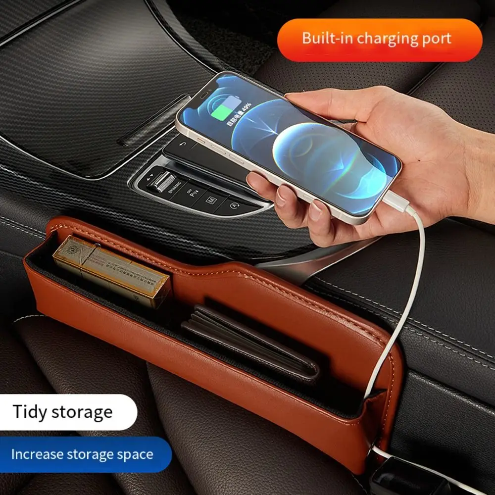 Leather Car Seat Gap Filler Organizer Universal Stop Things From Dropping Car Seats Storage Box with Charging Hole