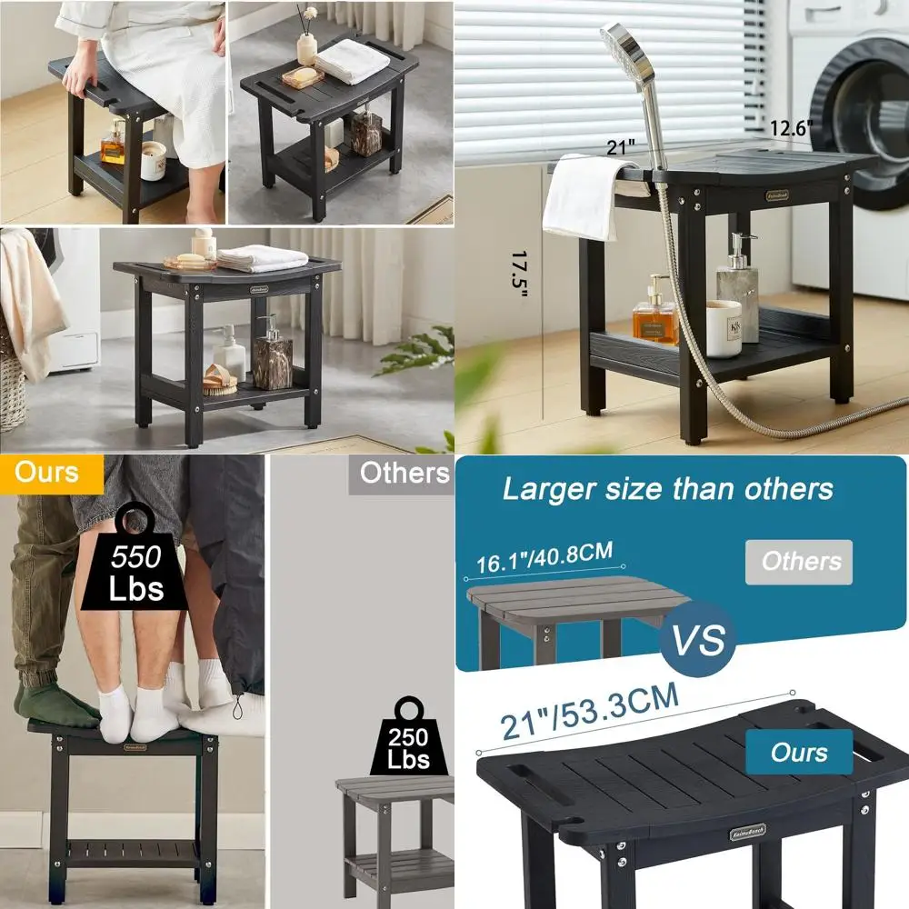 

Adjustable Shower Bench with Leg Shaving Seat, Waterproof Stool with Handle and Shower Head Holder, Black Shower Chair with Non-
