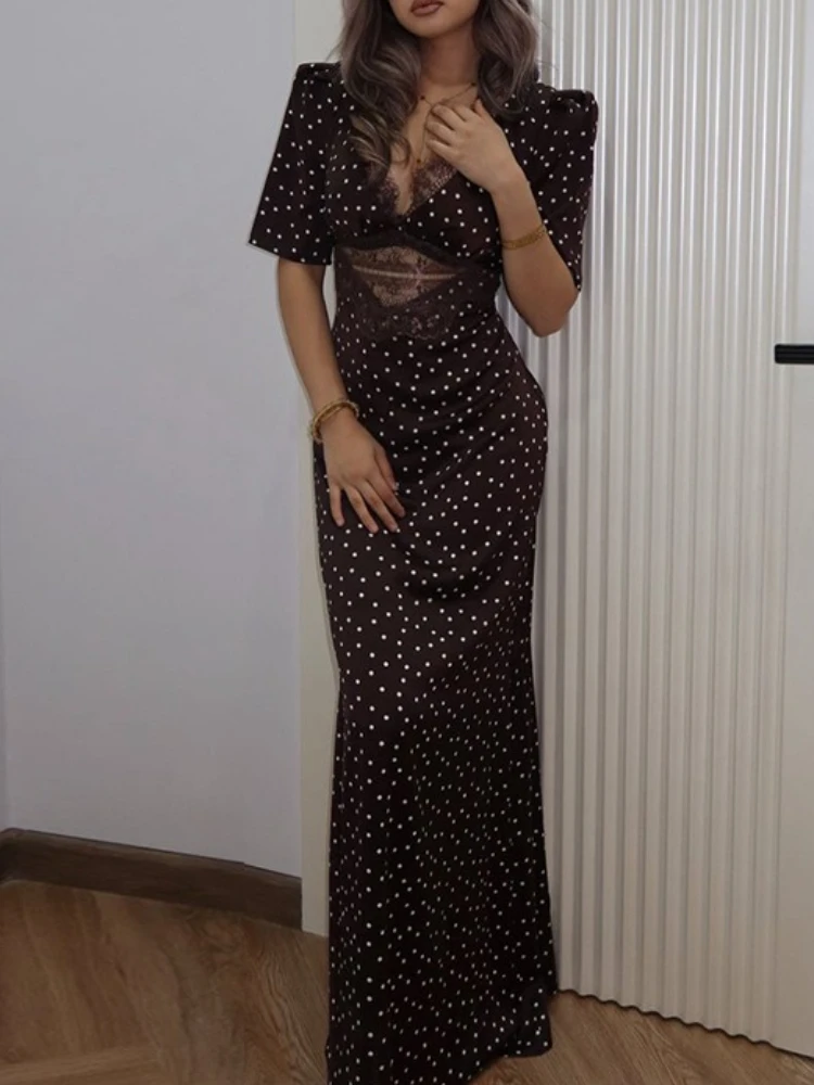

Tossy Dot V-Neck Lace Long Dress For Women Hollow Out Slim Short Sleeve High-Waist Contrast Patchwork Female Bodycon Maxi Dress