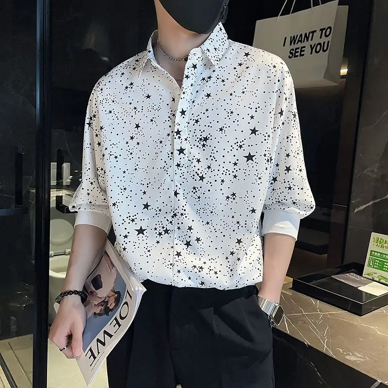 Fashion Lapel Korean Printed Shirt Men\'s Clothing 2023 Spring New Oversized Casual Tops Three Quarter Loose All-match Shirt