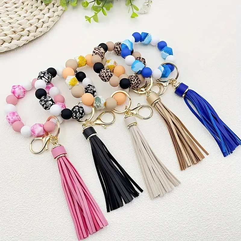 Silicone Bead Wristband Keychain and PU leather Tassel Skull leopard Fashion Bag Pendant, Mobile Phone lanyard, Women's Use Gift