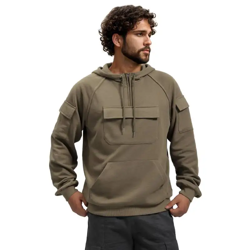 DAZCOS Men's Tacktical Sweatshirt Cargo Hoodie Quarter-Zip Pullover Cargo Pullover Hoodies Outdoor Winter Jacket Large Pockets