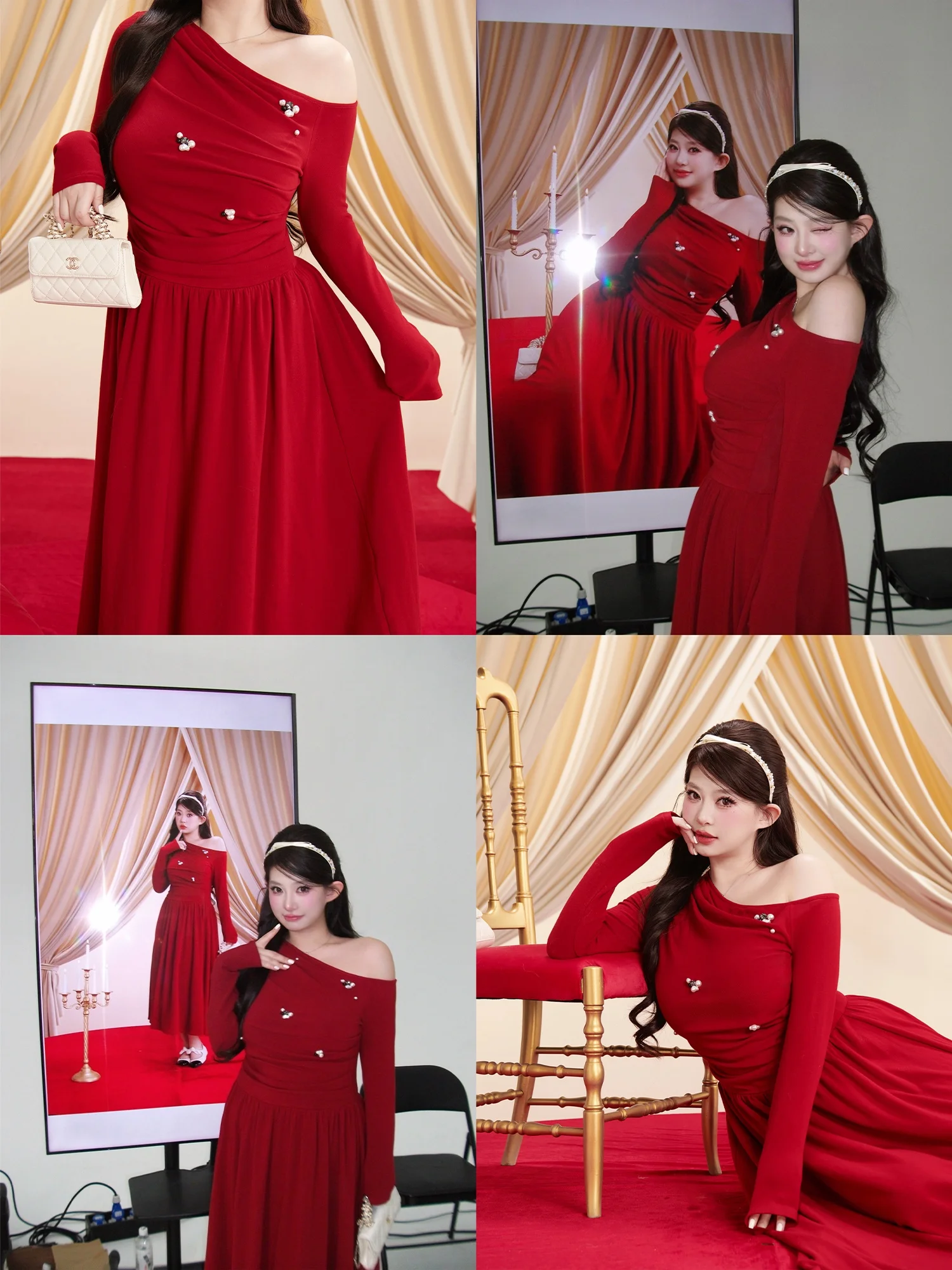 

Zhou Bai Zi Anniversary Edition Diamond Pearl New Year Dr Women's Fro Long Sve A-Line Skirt Pure Desire Sle