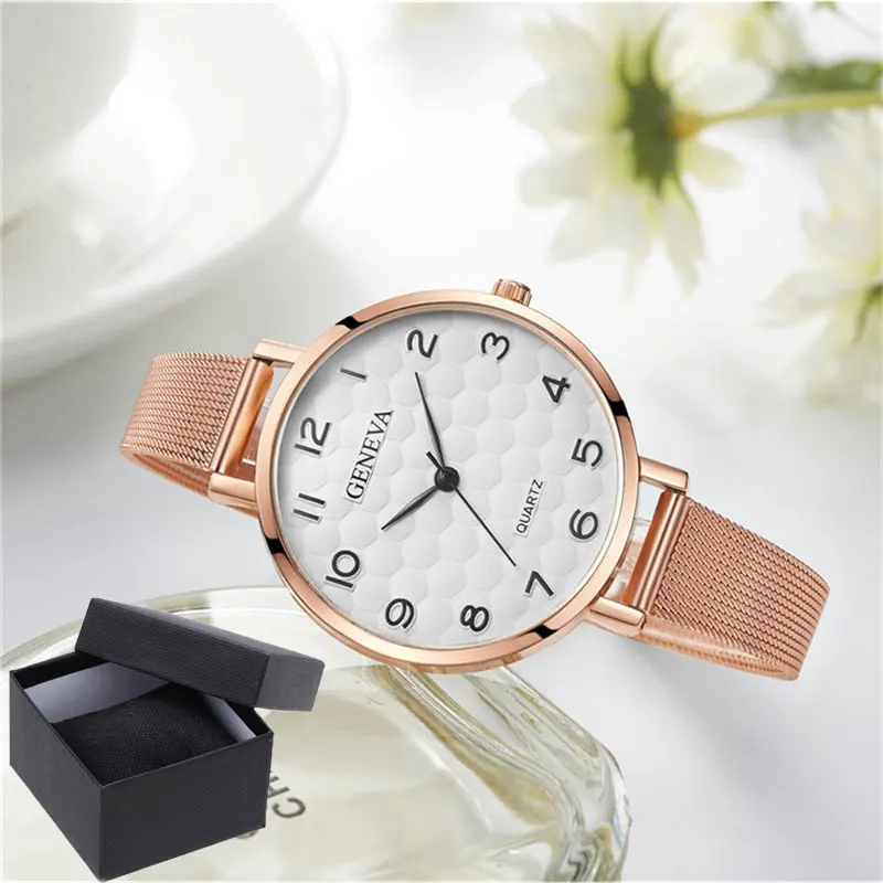 

GENEVA Women Quartz Watches Fashion Luxury Rose Gold Metal Mesh Belt Watch Casual Ladies Wristwatch With Box relogio feminino