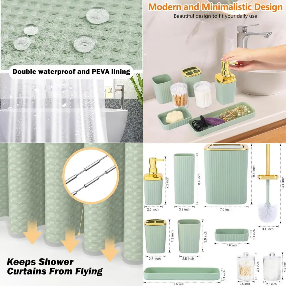 

Complete 23-Piece Light Green Bathroom Accessory Set with Shower Curtain, Waste Bin, Toothbrush Holder, and More