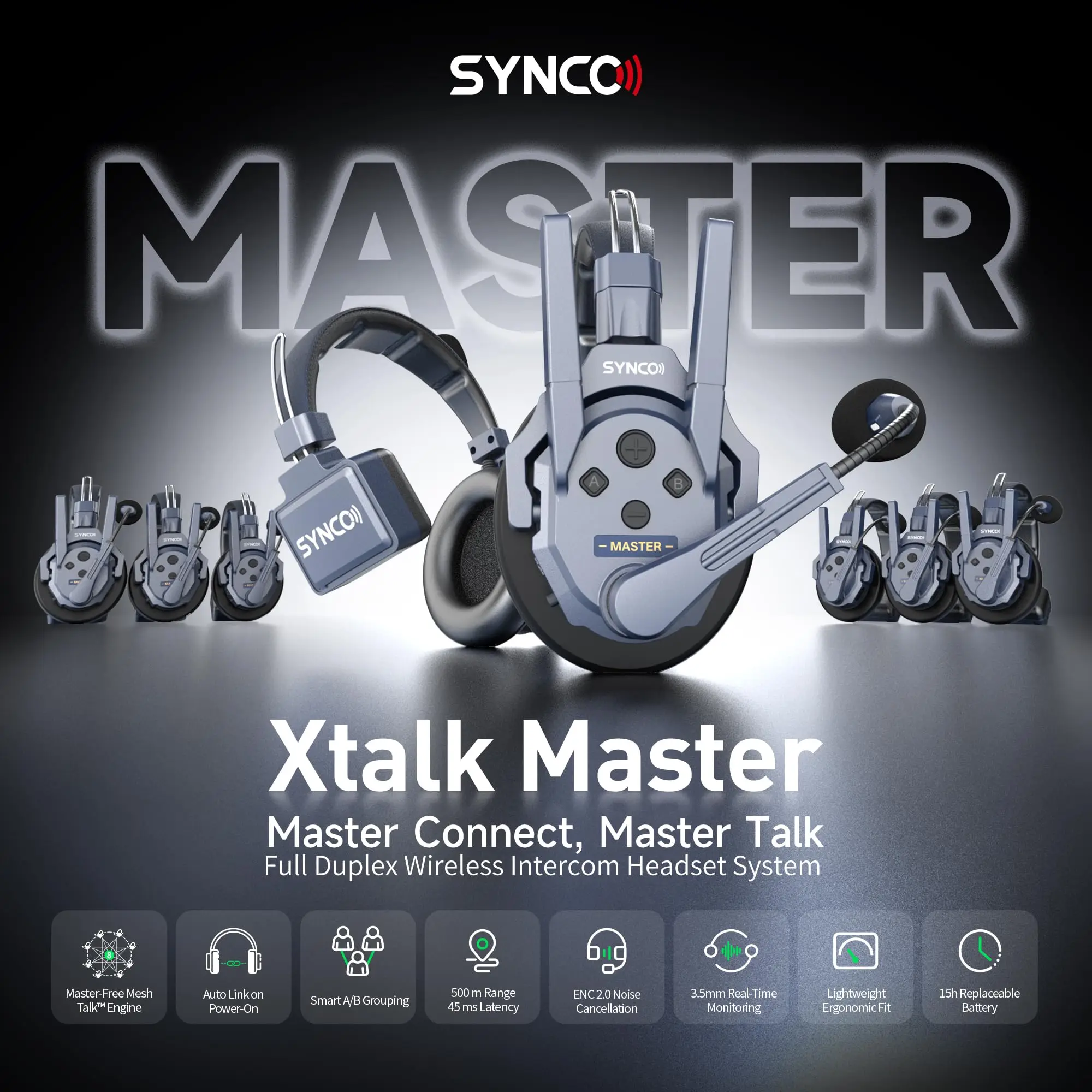 SYNCO Xtalk Master 2.4G Full-Duplex ENC Noise Cancellation Wireless Intercom Headset System 1640ft for Movie Shoot Live Show
