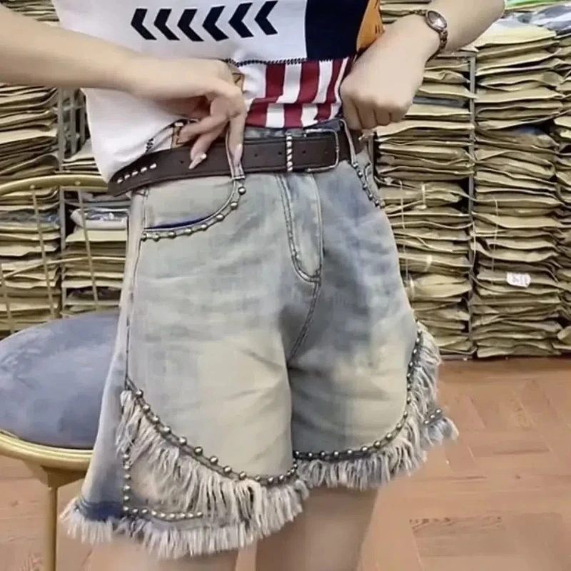 Heavy Industry Bead Sequins High Waist Slimming Elastic Bristled Denim Shorts for Women