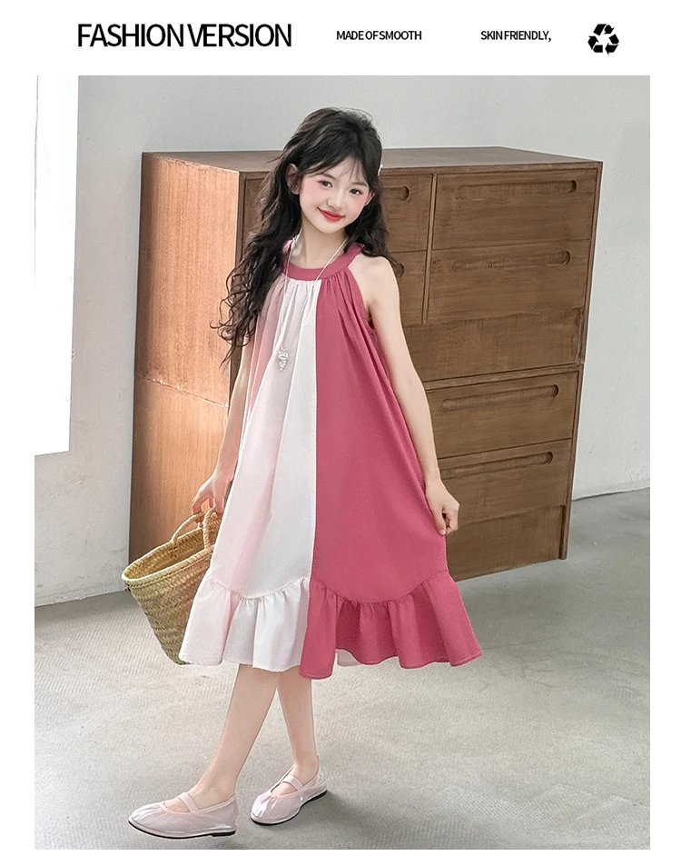 Mädchenkleid mit süßem Farbblock-Design für Sommerkostüme, Baumwolle, hohe Qualität, Kinderkleidung für Alter 7 8 9 10 12 14 Jahre – Detail 11