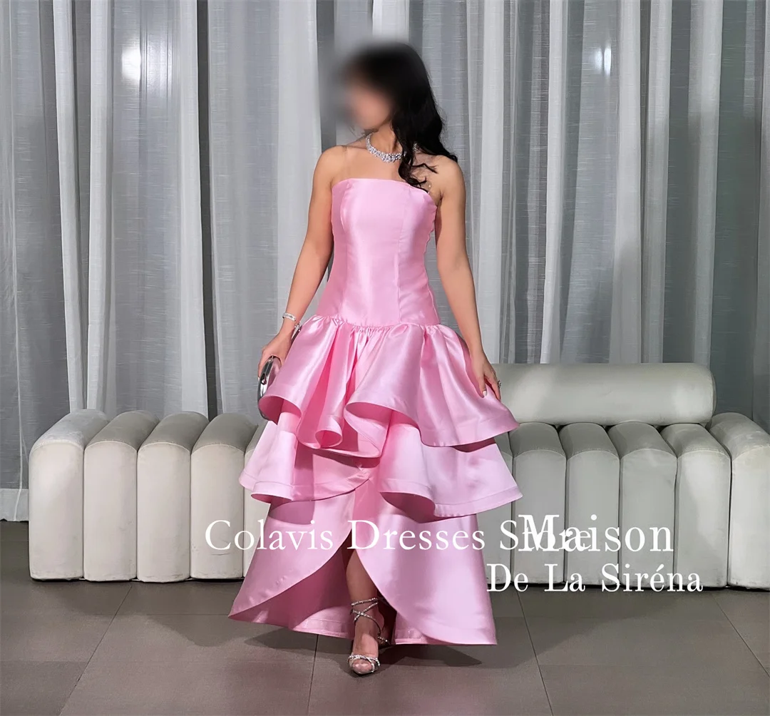 

2025 Strapless Pink Customized Prom Dresses Evening Dress Tiered Ankle Length Women Evening Gowns Formal Party Dress