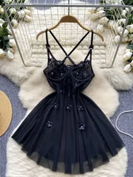 Summer Hotsweet Sexy Ball Gown Dress Women Halter Sleeveless Solid Dress Female 3D Floral Lace Splice Mesh Chic Fashion Clothing