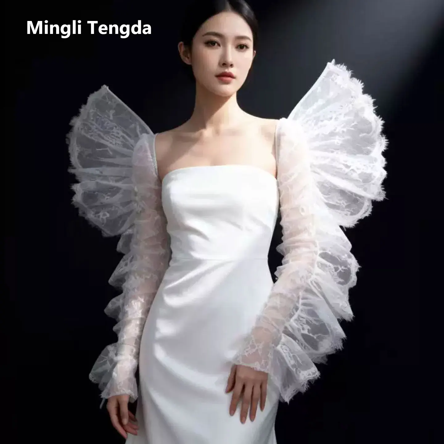 

Mingli Tengda Off White Wing Lace Long Bridal Gloves Studio Style Photography Wedding Ladies' runway Gloves Accessories