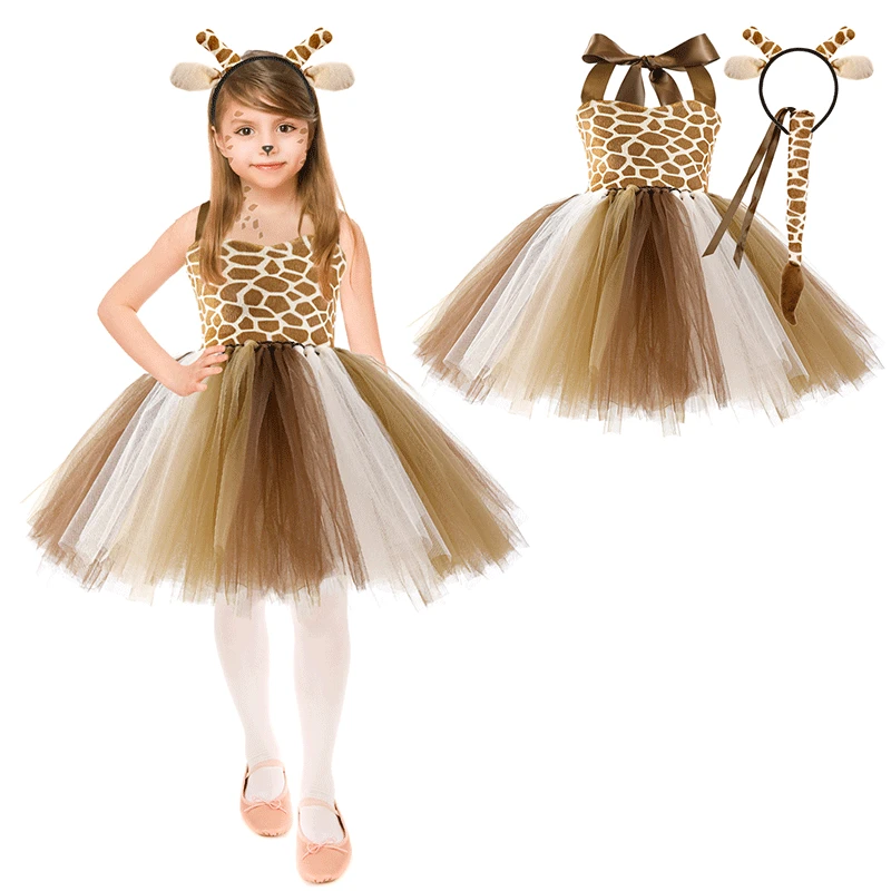 

3pcs Girl's Animal Play Costume Cosplay Halloween Costume Fluffy Giraffe Black Cat Dress Girl's Dress