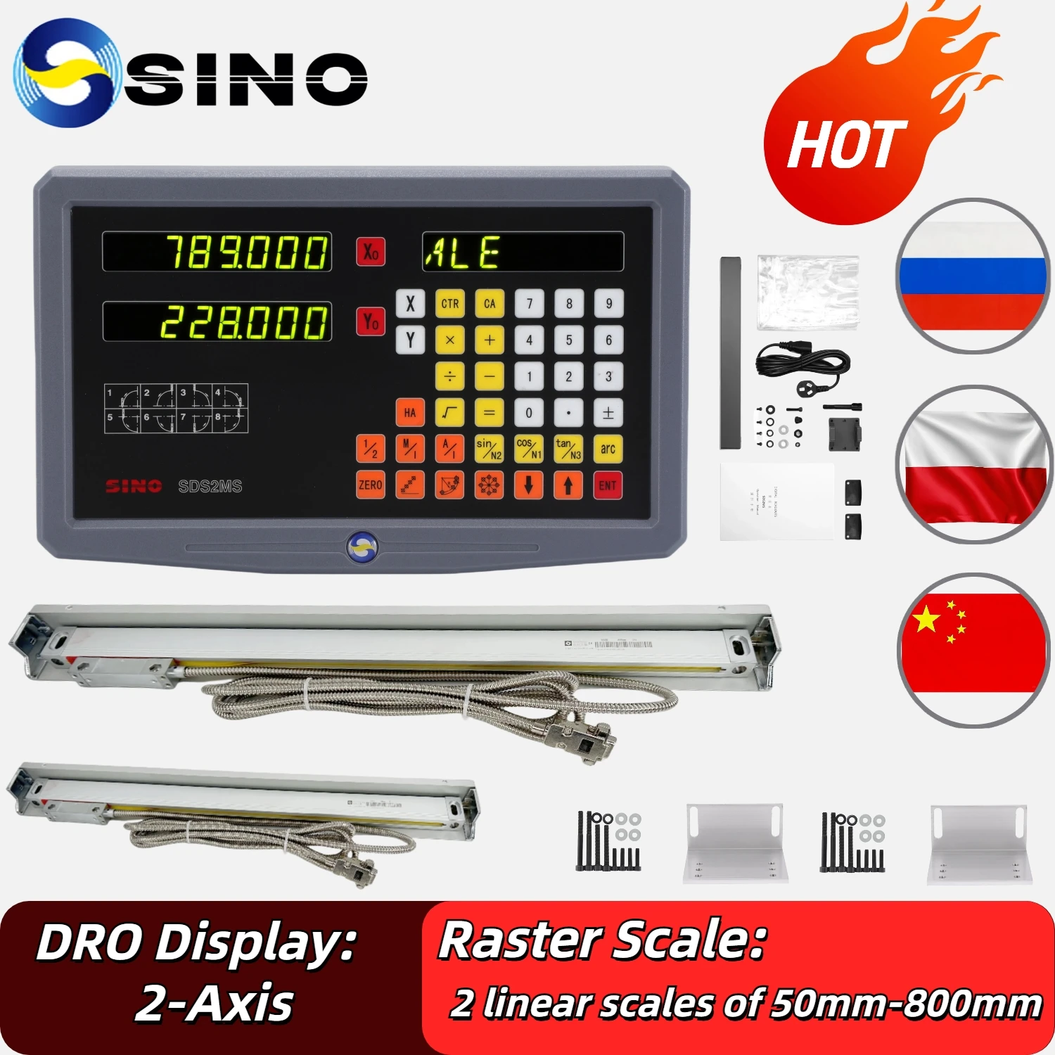 Multilingual 2 Axis DRO Kit SDS6-2V Turning Lathe Milling with 2 PCS KA-300 5um/1um Optical Ruler Linear Scales Encoder