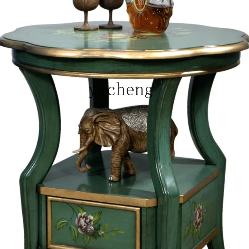 

YY American Style Corner Table Hand Painted Side Table Living Room Sofa Solid Wood Side Table Locker Small Coffee Table