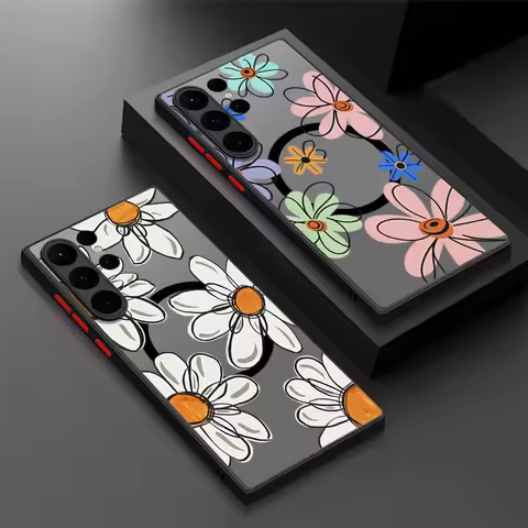 Magnetic Cartoon Floral Case For Samsung Galaxy S25 Ultra Capa S24 Ultra S23 S22 Plus S21 FE A54 A55 A56 5G Matte Hard Cover