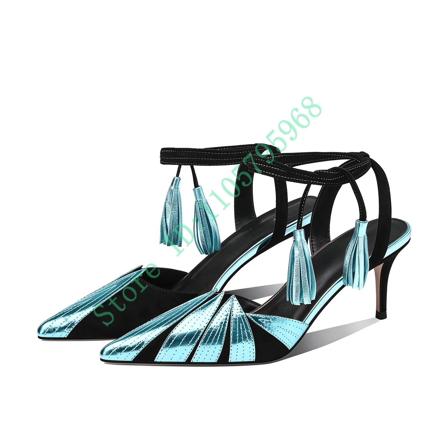 Women's Pointed Toe Stiletto Heels Tassel Ankle Strap Slingback Dress Shoes