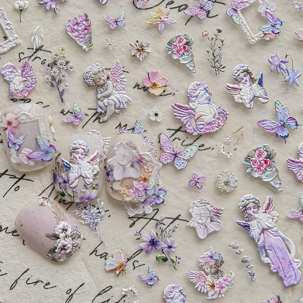 สีขาวสีดําทองปีก Feather Angel ผีเสื้อ Bowknot ดอกไม้กรอบ Moon Star Pearl Rhinestones สติ๊กเกอร์เล็บสติ๊กเกอร์เล็บ