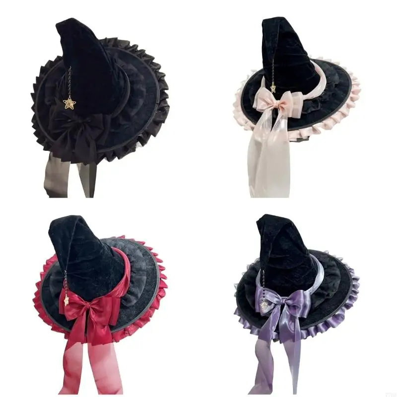 77HE Black Witch Hat Wizard Hat Headwear for Halloween Cosplay Costume Accessories
