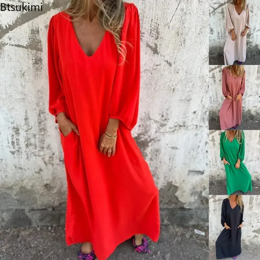 

Spring Summer New Women's Lantern Sleeve Maxi Dresses 2024 Fashion V Neck Loose Casual Pockets Dress Females Party Beach Dresses