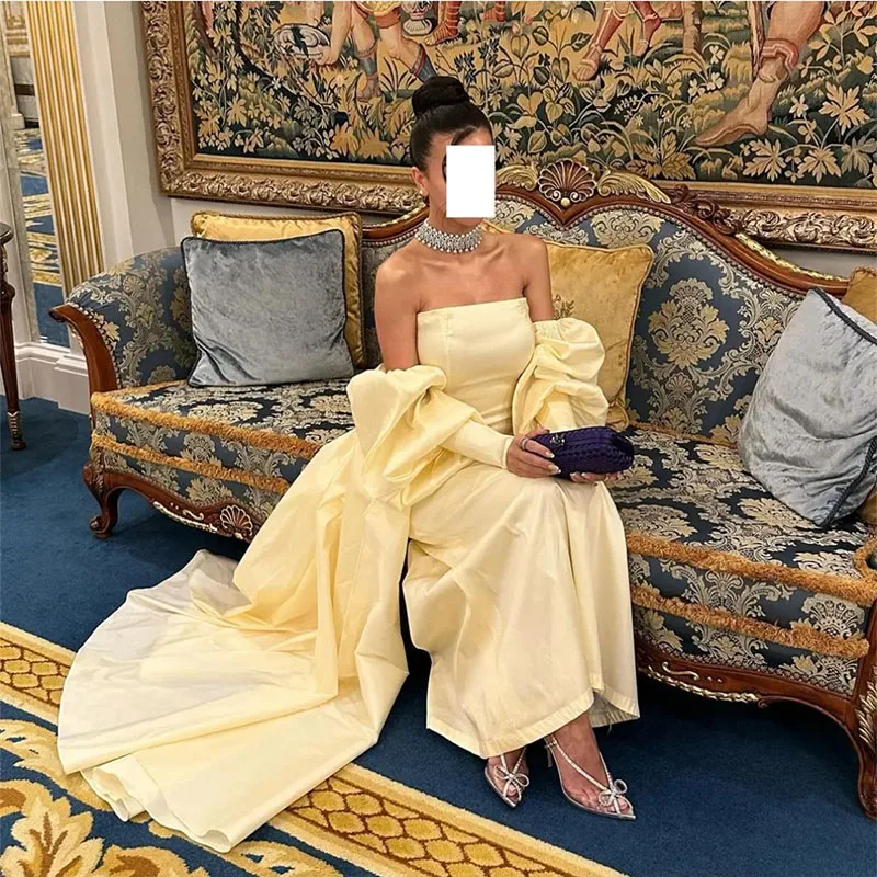 Robe de Soirée Élégante Jaune Clair à Manches sulfpour Femme, Tenue de Bal Formelle sans Bretelles avec Gaine Fendue