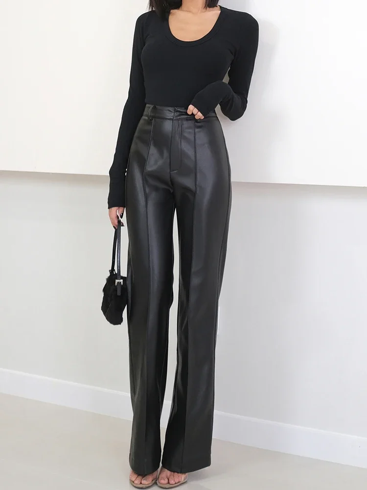 

Spring Autumn Long Black Soft Pu Leather Pants Women with Zipper High Waist Casual Elegant Straight Leg Trousers