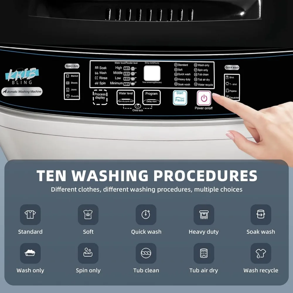 Fully Automatic Washing Machine, 2 in 1 Compact Washer with10 Washing Programs, 4 Water Level Mode and 8 Water Level Selections