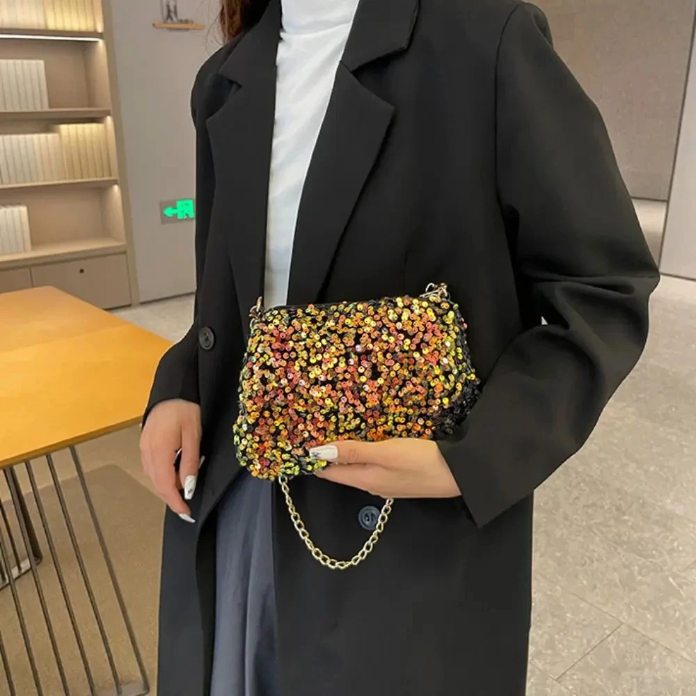 Einfarbige Umhängetasche mit Pailletten, einfache INS-Kette, Pailletten, Umhängetasche, Tasche, Handytasche, kleine quadratische Tasche, Dinner-Party – Detail 15