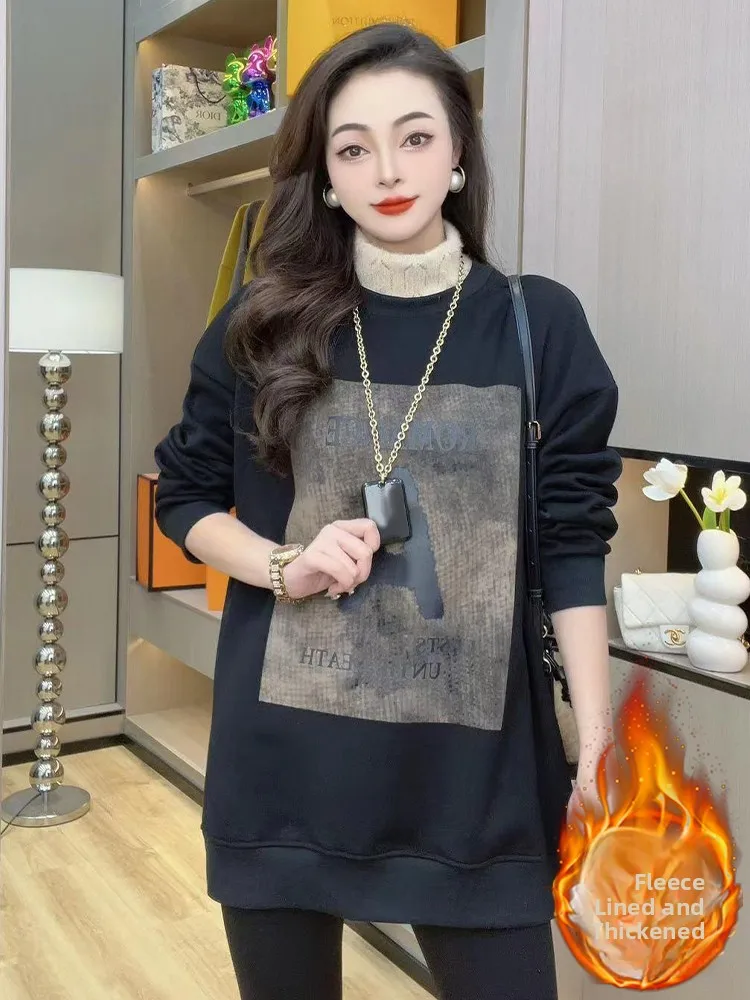 Ladies' Fce Lined Thiened round Ne Sweatirt Mid-Length Korean Sle Commute Wind Winter New Arrival Faionable Top