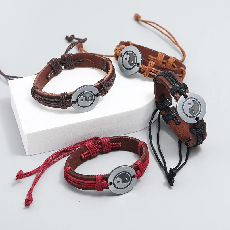Yin Yang Symbol Adjustable Leather Rope Bracelet Charm Tai-chi Symbol Bracelet Jewelry for Men Women Gift Free Shipping Items