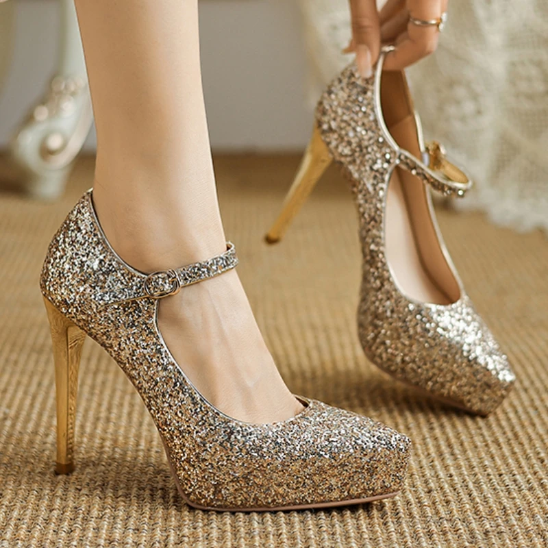 

Luxury High Heels Pumps Bridal Wedding Shoes Woman New 2025 Platform Large Size Sequined Gold Heeled Party Dress Shoes Ladies