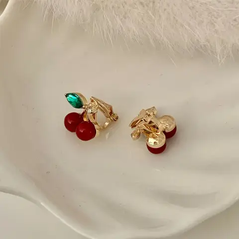 Vintage Small Red Cherry Clip on Earrings for Girls Women Party GiftsTrendy Niche Design Cute Sweet Mini Non Pierced Ear Clips