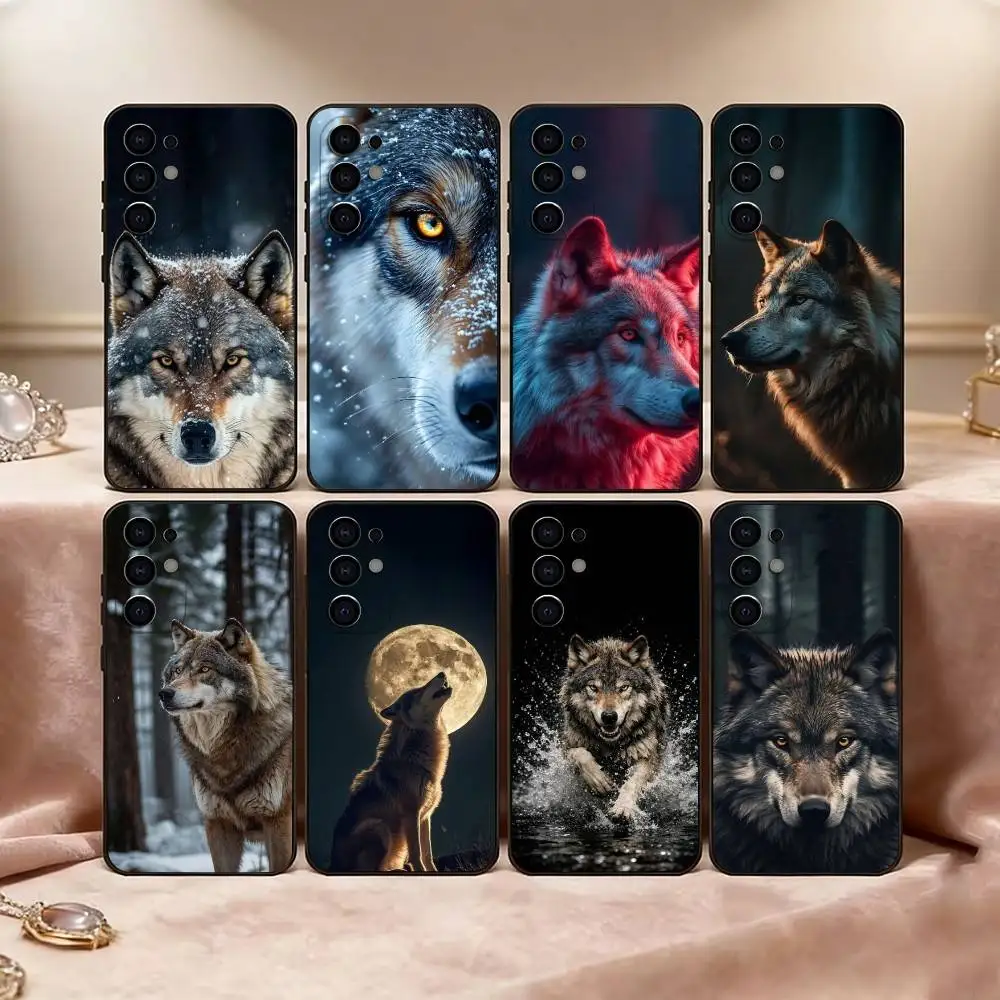 Capa de Telefone Tema Lobo Selvagem para Samsung S25, S24, S21, S22, S23, S30, Ultra, S20, Plus, Fe, Lite, Note, 10, Capa Preta