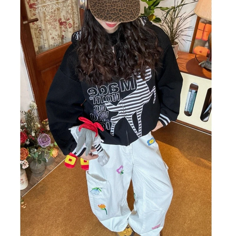 Deeptown American Retro Cartoon Hoodies Women Black Harajuku Y2k Zip Up Coats Kawaii Oversized Casual Embroidery Sweatshirts