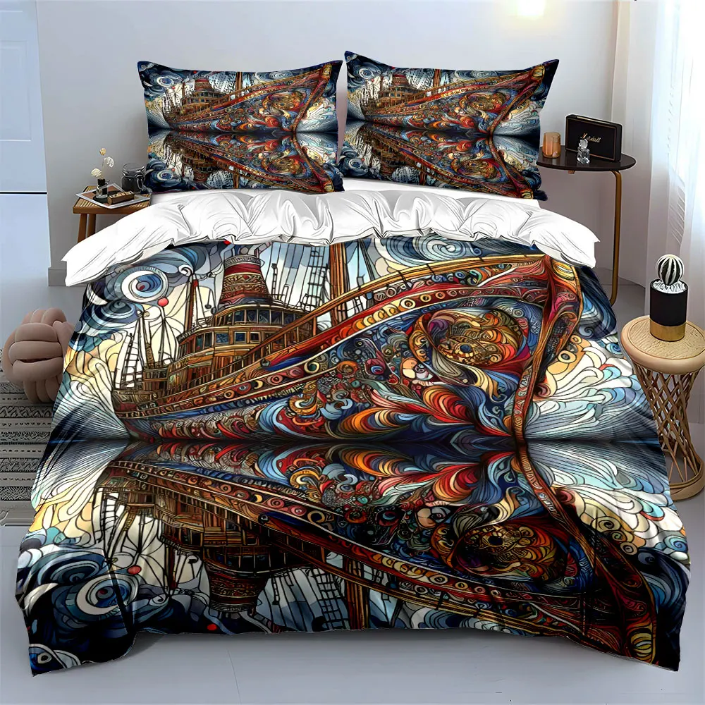 

Colorful Ship Art Decor Set Bedding Set with 1 Duvet Cover 2 Pillowcases Single Double King Queen, Gift