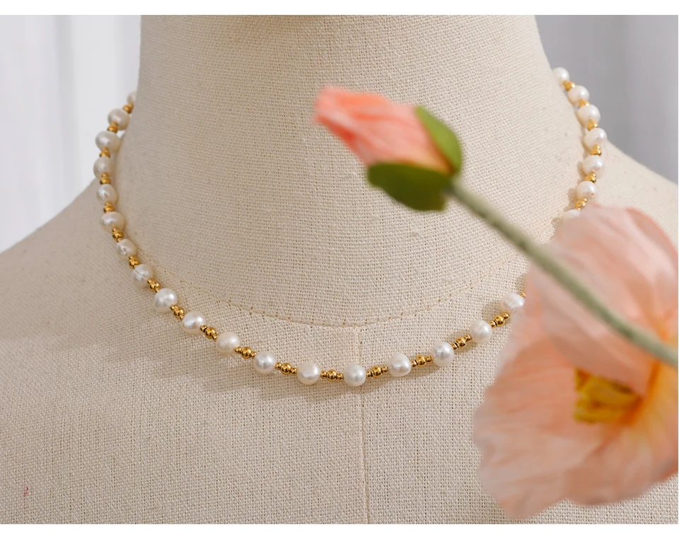 Yhpup Edelstahl Perlen Natürliche Perlen Mischen Handmade Fashion Halskette frauen Luxus Zarte Grundlegende Collier Schmuck Chic Geschenk – Detail 7