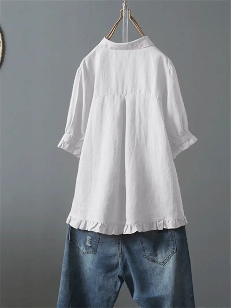 قميص نسائي صيفي نصف كم طية صدر السترة فضفاض وممتد مكشكش وزر علوي بلوزات قميص كتان من القطن الأبيض