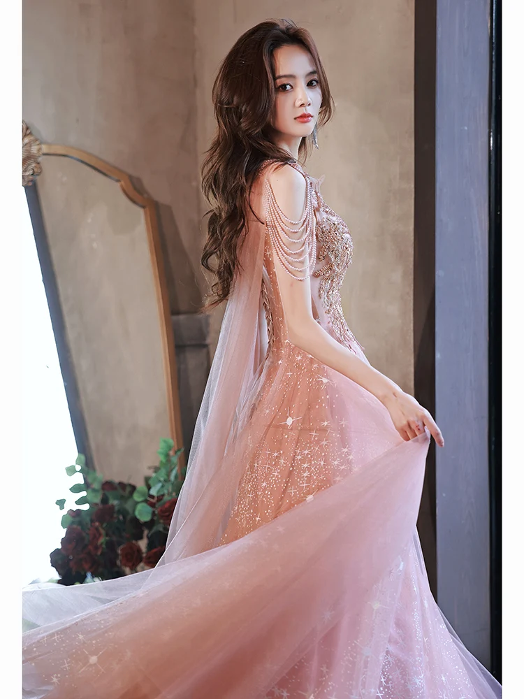 Robe de soiree V-Neck Luxury Mesh Shawl Evening Dress Female Light Banquet Temperament Host Party Prom Gown Vestidos De Gala