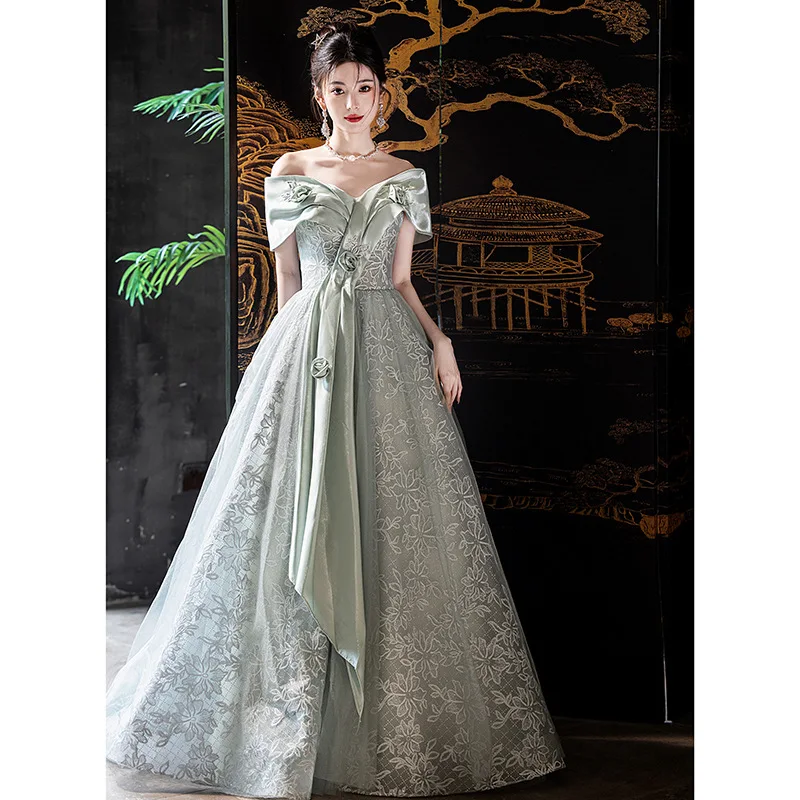 

Elegant Green Princess Evening Gown for Music Students Solo Concert Beautiful Voice High-End Luxury Lightweight Ball Dress