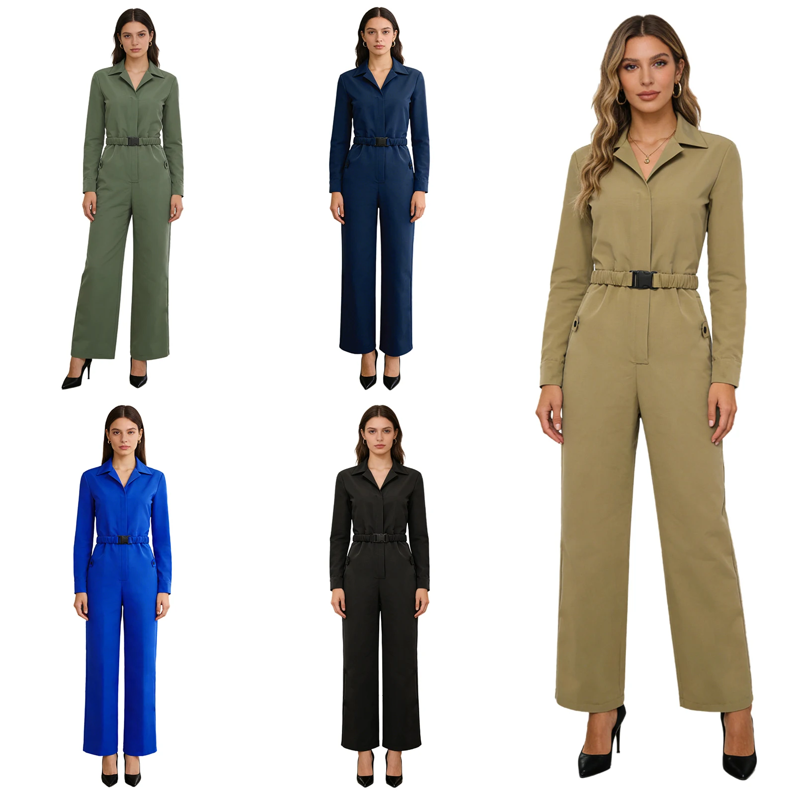 

Women Wide-Leg Loose Casual Coveralls Long Sleeve Zipper Jumpsuit Overalls with Belt for Vacation Office Work Party Daily Wear