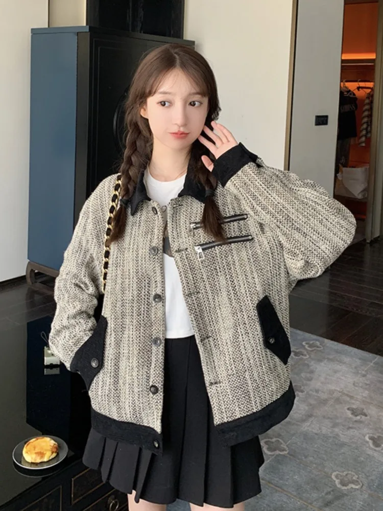 

Women Spring Autumn Petite Tweed Chanel-Style Cropped Jacket Long Sleeve Short Designer-Inspired Blazer Unique Casual Chic Coat